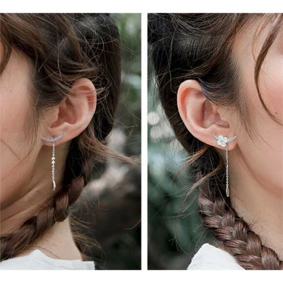 Silver Crescent Earrings Crystal Pearl Flower - Picture 4 of 7